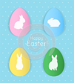 Happy Easter banner design with decorative colored paper eggs and white bunny silhouettes on blue background. - Vector
