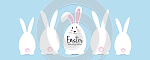Happy easter banner. easter bunny and egg. Icon vector character, isolated on sky blue color background