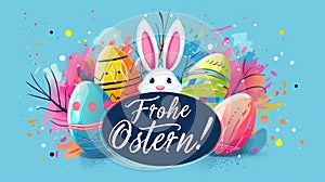 Happy Easter! Banner with easter eggs, bunny and calligraphy text \