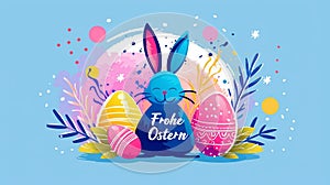 Happy Easter! Banner with easter eggs, bunny and calligraphy text \