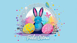 Happy Easter! Banner with easter eggs, bunny and calligraphy text \