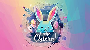 Happy Easter! Banner with easter eggs, bunny and calligraphy text \