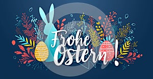 Happy Easter! Banner with easter eggs, bunny and calligraphy text \