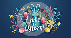 Happy Easter! Banner with easter eggs, bunny and calligraphy text \