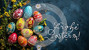 Happy Easter! Banner with easter eggs and calligraphy text \