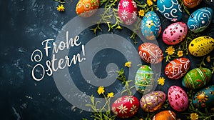 Happy Easter! Banner with easter eggs and calligraphy text \