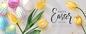 Happy Easter banner.Egg hunt. Beautiful Background with colorful eggs, yellow tulips and Golden serpentine. Vector