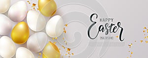 Happy Easter banner.Egg hunt. Beautiful Background with eggs and Golden serpentine. Vector illustration for website