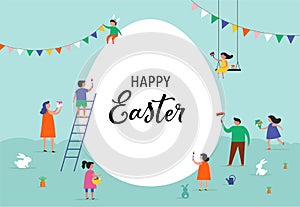 Happy Easter banner with families and kids