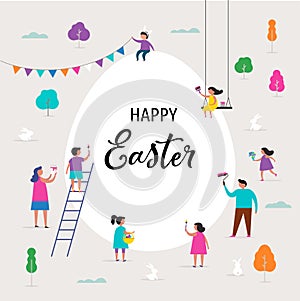 Happy Easter banner with families and kids