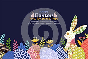 Happy Easter banner with frame made of eggs bunnies and spring flowers in flat style
