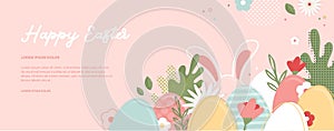 Happy Easter banner. Greeting card, poster or banner with bunny, flowers and Easter egg. Egg hunt poster. Spring