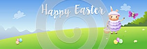 Happy Easter banner - lamb and butterfly hunting eggs - spring landscape background vector illustration