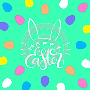 Happy Easter banner with lettering and bunny ears contour on turquoise background with eggs pattern