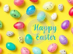 Happy Easter Banner with multiple coloured Easter eggs on a Yellow background