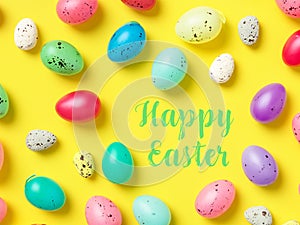 Happy Easter Banner with multiple coloured Easter eggs on a Yellow background