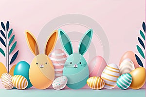 Happy Easter banner, poster, greeting card. Fashionable Easter design with bunny, flowers, eggs in