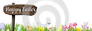 Happy Easter Banner with spring flowers, Easter eggs, rabbits and baby chic