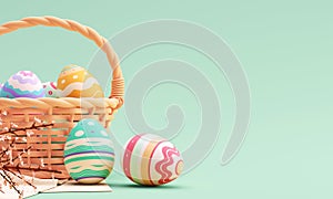 Happy Easter banner template with painted eggs in pastel colors and a basket on green background and copy space. Minimal style.