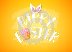 Happy Easter banner with text, Easter cake and rabbit ears on orange background. Vector