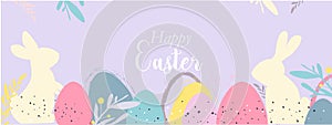 Happy Easter banner. Trendy Easter design with typography, hand painted ggs, bunny ears, in pastel colors
