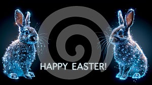 Happy Easter banner. Two cute polygonal Easter bunnies on black background. Digital greetings