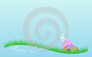 Happy Easter banner. White rabbit and colorful eggs in the green grass. Vector isolated on light blue background