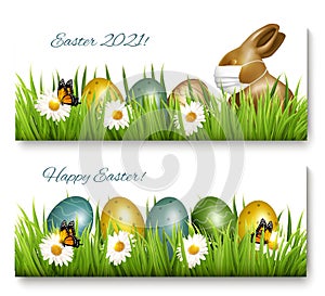 Happy Easter banners. Coronavirus protection concept for the Easter holidays. Colorful eggs and chocolate bunny