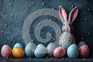 Happy easter bare spot Eggs Easiness Basket. White zany Bunny Floral arrangement. resurrection message background wallpaper