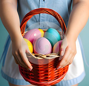 Happy Easter basket eggs, Colorful Easter eggs are in baskets being carried by girl to celebrate Jesus\' new life