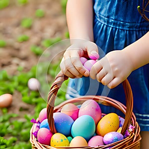 Happy Easter basket eggs, Colorful Easter eggs are in baskets being carried by girl to celebrate Jesus\' new life