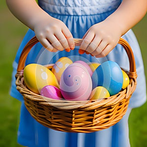 Happy Easter basket eggs, Colorful Easter eggs are in baskets being carried by girl to celebrate Jesus\' new life