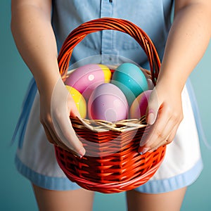 Happy Easter basket eggs, Colorful Easter eggs are in baskets being carried by girl to celebrate Jesus\' new life