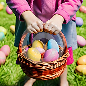 Happy Easter basket eggs, Colorful Easter eggs are in baskets being carried by girl to celebrate Jesus\' new life