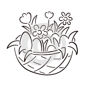 Happy Easter Basket with eggs, flowers daisy and tulip. Line art, hand drawn style. Vector illustration isolated on a