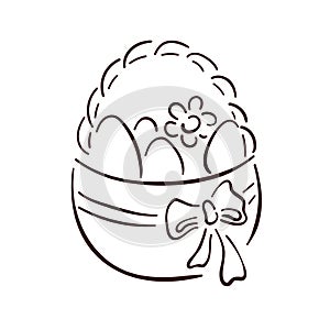 Happy Easter basket with eggs and flowers in line art style. Vector illustration isolated on a white background.