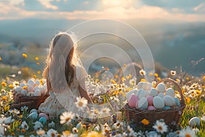 Happy Easter basket eggs, A girl sits happily in the morning grass. There are colorful eggs in the basket to celebrate Easter.,