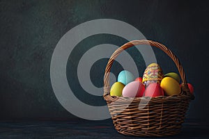Happy easter Basket Eggs Pastel magenta pink Basket. White Bunny Bunny ocean blue. lawn background wallpaper