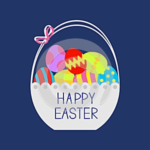 Happy Easter. Basket full of colored eggs. Flat design