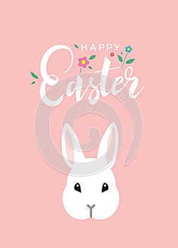 Happy Easter beautiful cute greeting card with white bunny rabbit head and hand drawn lettering on pink background. - Vector