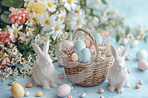 Happy easter Beige Eggs Easter egg treats Basket. White Redemption Bunny rabbit. steel blue background wallpaper