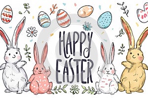 Happy easter belly laugh Eggs Holy Week Basket. White decorative wallpaper Bunny Easter atmosphere. Bunny figurines background