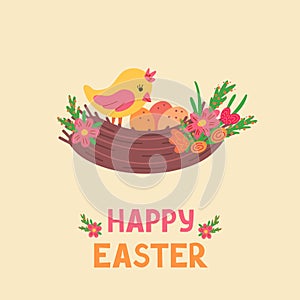 Happy Easter, bird in nest, eggs. Vector Illustration for printing, backgrounds, covers and packaging. Image can be used