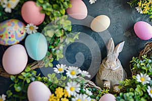 Happy easter birthday card Eggs Easter surprise Basket. White personal anecdote Bunny merry. creative background wallpaper photo