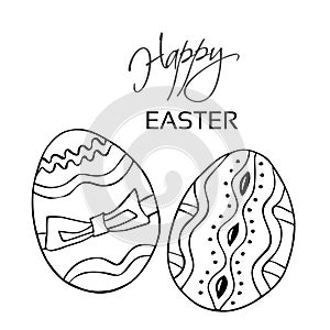 Happy easter. Black line eggs, hand drawn on white background. Decorative stripes, dots and ribbon. Happy easter icons with decor