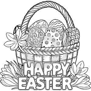 Happy Easter. Black and White Doodle Easter Eggs in the basket. Coloring book for adults for relax and meditation. Vector isolated