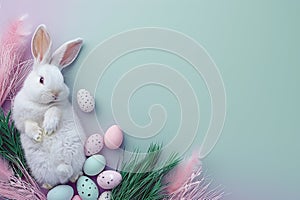 Happy easter Blended hues Eggs Easter Party Basket. White scripted sentiment Bunny Visualization. lush background wallpaper