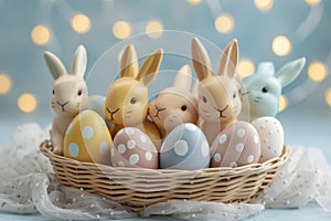 Happy easter blue bunny Eggs Serene Basket. White Mauve Bunny illustration community. public holiday background wallpaper