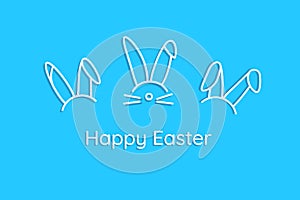 Happy Easter. Blue card in minimalist style with ears of funny bunny rabbits. Hare heads icons with text and shadow. 3D