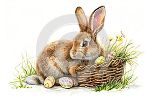 Happy easter blue sky Eggs Sunny Side Up Basket. Easter Bunny Azalea whisper. Hare on meadow with cute easter background wallpaper